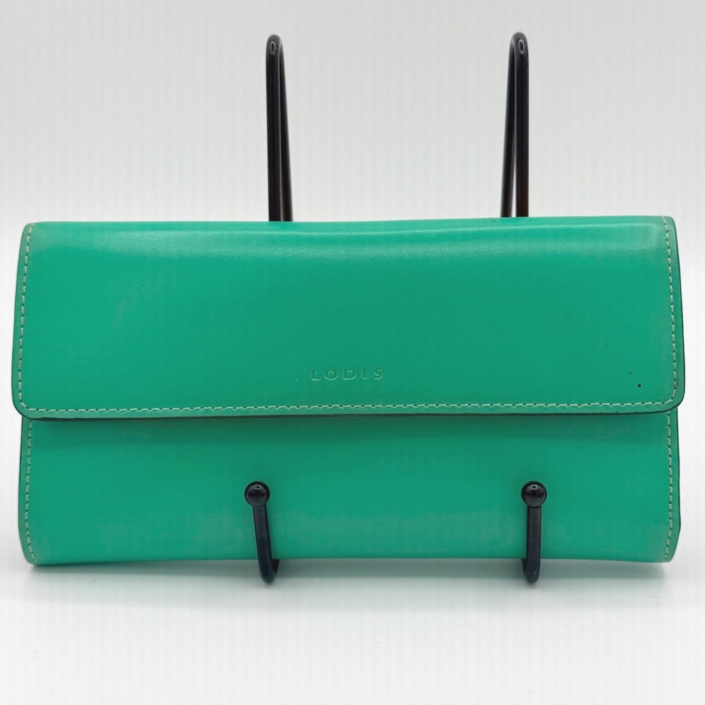 Lodis Italian Leather‎ Audrey Trifold Wallet Green Snap Closure Card Slots Logo